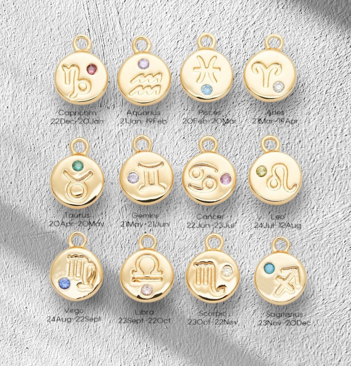 Guide showing all 12 Zodiac pendant designs and their star sign names